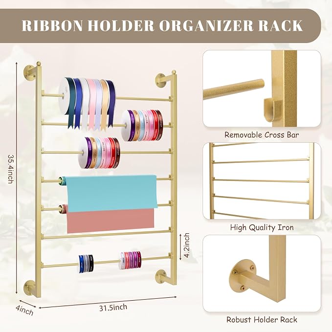 Yonynise Ribbon Storage Organizer,31.5-inch Width Wall Mounted Ribbon Holder Rack,7 Tier Large Capacity Metal Ribbon Storage for Craft Room,Flower Shop,Cake Shop,Gift Wrapping Paper,Golden - Image 2