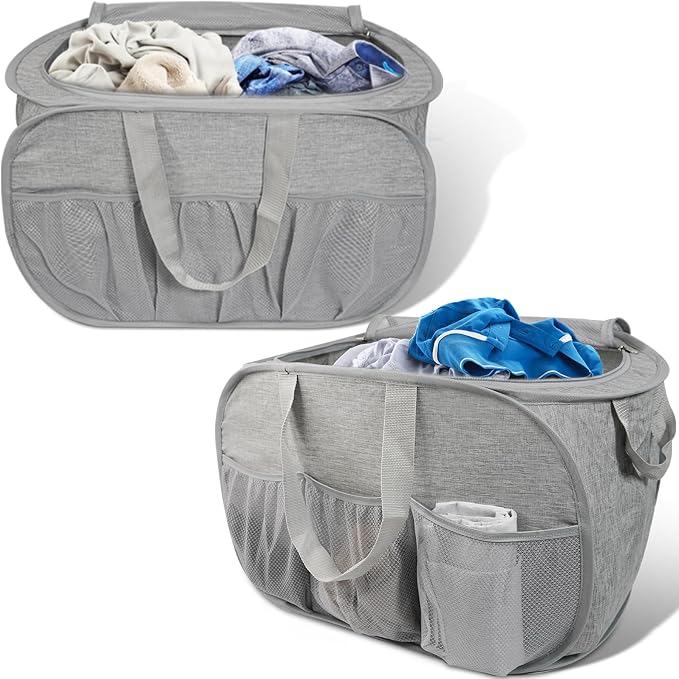 2 Pack Collapsible Laundry Baskets with Lid, Foldable Laundry Basket with Pockets, Pop Up Hamper with Dual Handles, 99L Sturdy Hampers for Clothes, Groceries, Supplies, Tools, Grey by Bemkoo
