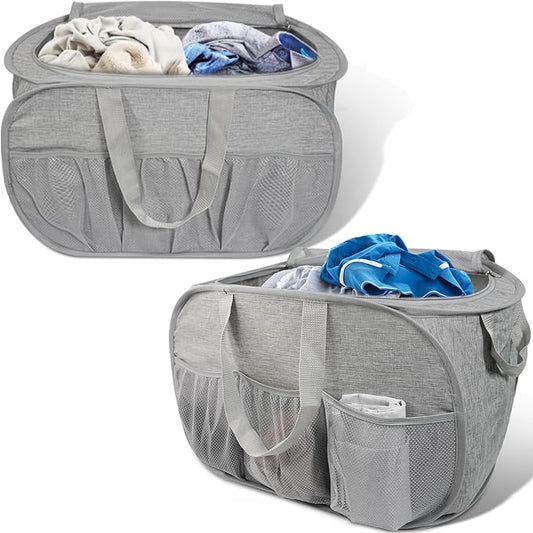2 Pack Collapsible Laundry Baskets with Lid, Foldable Laundry Basket with Pockets, Pop Up Hamper with Dual Handles, 99L Sturdy Hampers for Clothes, Groceries, Supplies, Tools, Grey by Bemkoo
