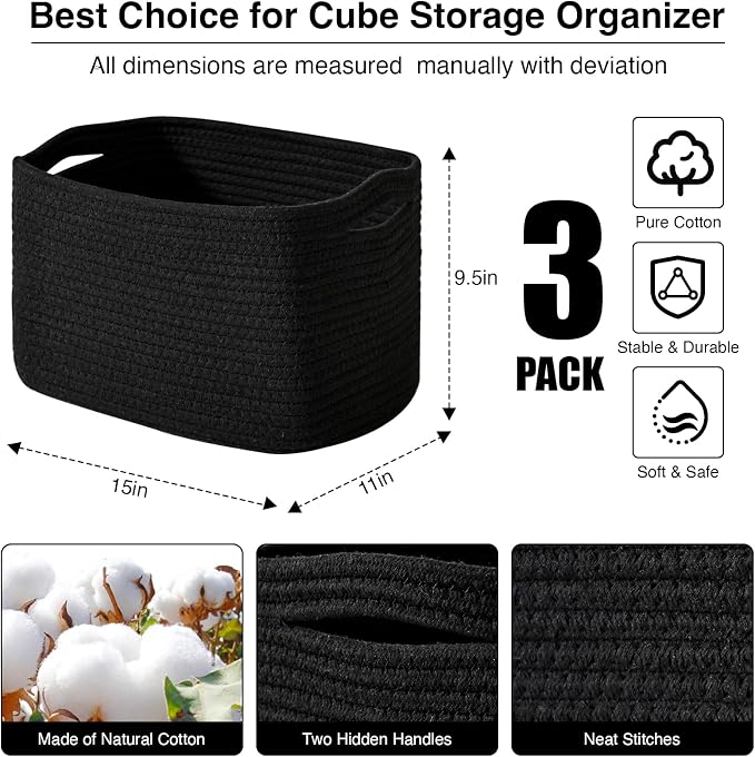 ICERZCZ Black Storage Baskets for Organizing Shelves, Toy Basket for Nursery, Woven Cotton Rope Basket for Decor, Towel Baskets for Bathroom, 15"x11"x9.5", 3 Packs, Black - Image 3