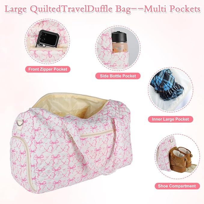Quilted Pink Bow Duffel Bag 2 Pack Weekender with Shoe Compartment | Pink Bow Quilted Travel Duffel for Women, Carry On Overnight Bag with Toiletry Pouch, Hospital Bag for Labor Delivery & Gym - Image 3
