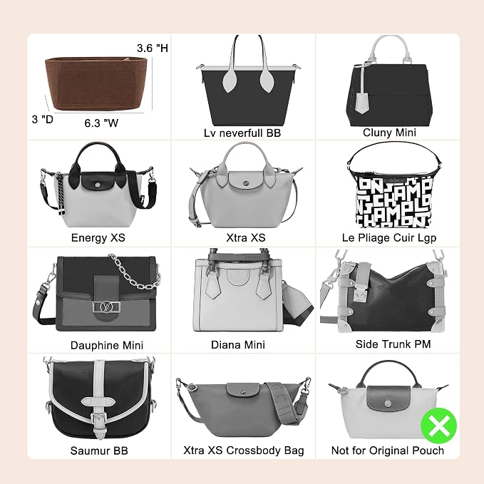 Small Purse Organizer Insert for Handbags, Felt Neverfull BB Organizer Insert,Mini Tote Bag Organizer with Zipper Pocket, Fit Neverfull BB Longchamp Xtra Energy S and More, Brown-XS - Image 6