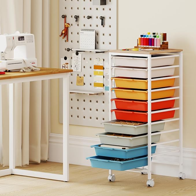Rolling Storage Cart with 10 Drawers, Plastic Craft Organizer on Wheels with Wooden Top, Mobile Art Supply Utility Cart for Classroom, Home, Office - Image 2