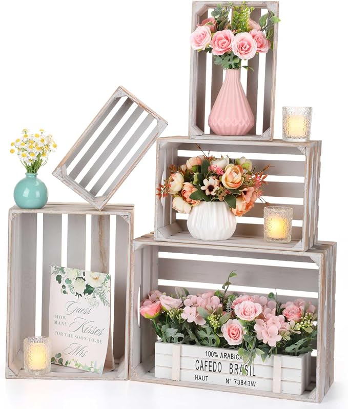 Soaoo 5 Pcs Decorative Nesting Wooden Crates for Storage Display 5 Size Large Small Rustic Wood Decorative Storage Crates with Handle Farmhouse Crate Box Container Made from Pine(Vintage Gray) by Soaoo