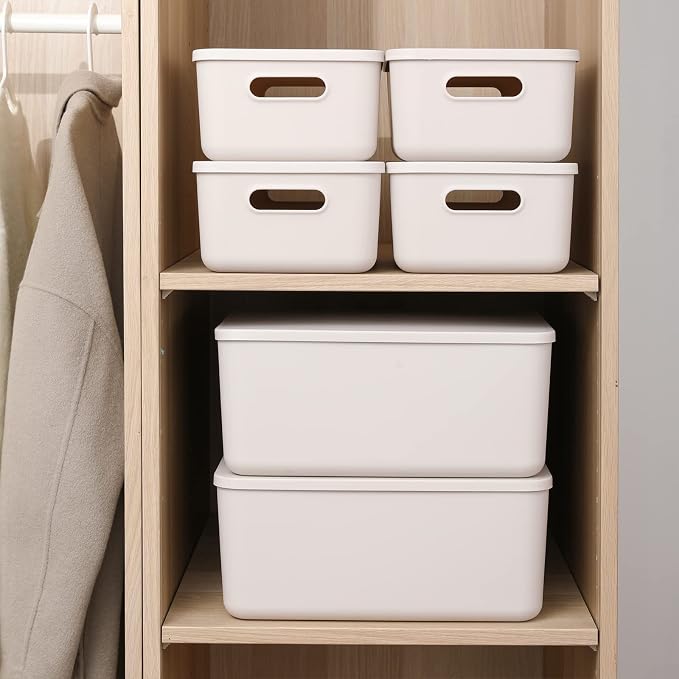 Yishyfier Plastic Storage Baskets With Lid Organizing Container Lidded Knit Storage Organizer Bins for Shelves Drawers Desktop Closet Playroom Classroom Office (M+2S, Light grey) - Image 4