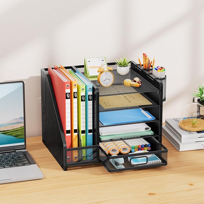 Marbrasse Desk Organizer with File Holder, 5-Tier Paper Letter Tray Organizer with Drawer and 2 Pen Holder, Mesh Desktop Organizer and Storage with Magazine Holder for Office Supplies (Wood-Black) - Image 3