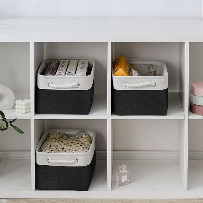 Storage Basket for Organizing - 3 Pack 13.8x9.8x6.7 inch Medium Collapsible Storage Bin for Shelves with Handles Organizer Closet Cubes Cloth Gift Toy (White & Black) - Image 4