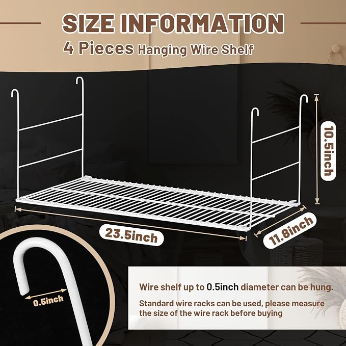 4 Pieces 24 Inch Hanging Closet Shelves White Wire Hanging Shelf Universal Long Wire Shelf Basket Closet Organizers and Storage for Clothing Sweaters Shoes Handbags Clutches Accessories - Image 2