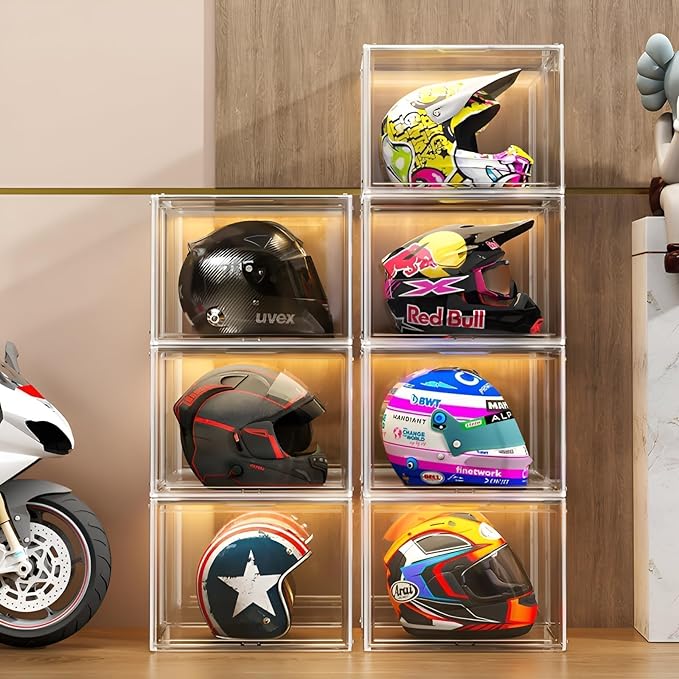 GUDEMAY Large Clear Stackable Acrylic Storage Bins with Door, Dustproof Figure Collectibles Display Case, Football & Motorcycle Helmet Showcase, Basketball, Sports Memorabilia Organizer (XL, Count, 3) by HaveANiceDay