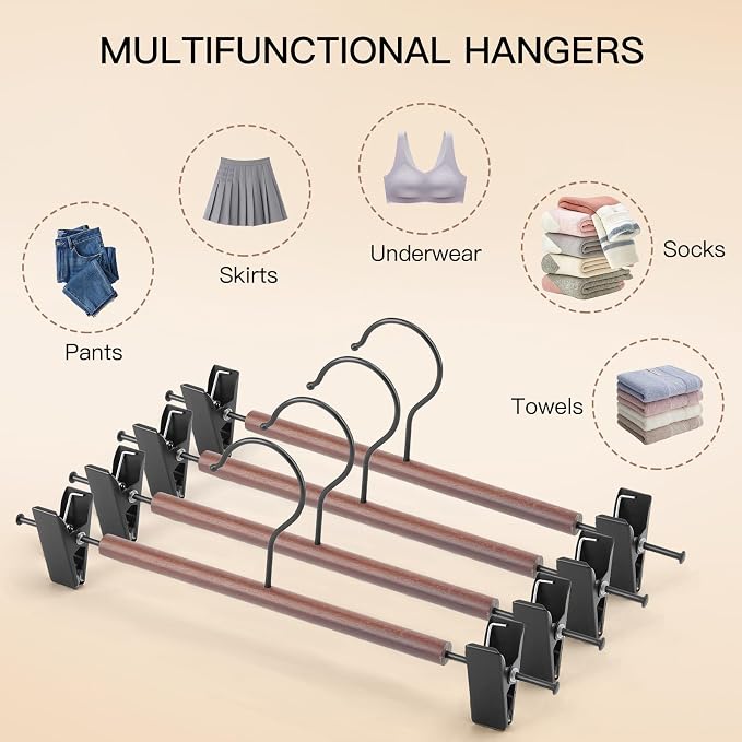 Wooden Pants Hangers with Clips 24 Pack, Heavy Duty Adjustable Clip Non Slip Skirt Hanger for Jeans, Trousers, Short, Clothes, Space Saving Closet Organizer (Black, 24 Pack) - Image 6