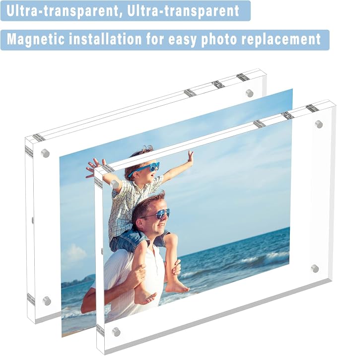 HELPLEX Acrylic Frame, 5 Pack 8x10 Picture Frames, 20mm Thicker Frameless Clear Frame Double Sided Magnetic Frame, Free Standing Desktop Display Stand Acrylic Frames - Image 3