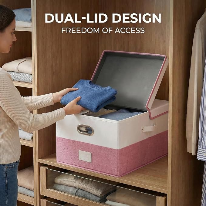 Storage Bins with Lids [3-Pack] Linen Fabric Foldable Storage Boxes Organizer Containers Baskets Cube with Cover for Bedroom Closet Office White&Pink (23.4X15.9X11.4) - Image 4