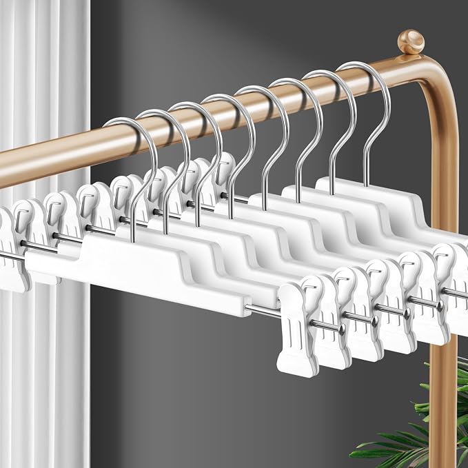 HUADYMEET 12 Inch Heavy Duty Pants Skirt Hangers with Clips,White,10 Pack | Plastic,Space Saving,Adjustable,Non Slip,Hanger for Jeans Shorts Clothes Slacks Trousers,For Adult Men Women Children by HUADYMEET