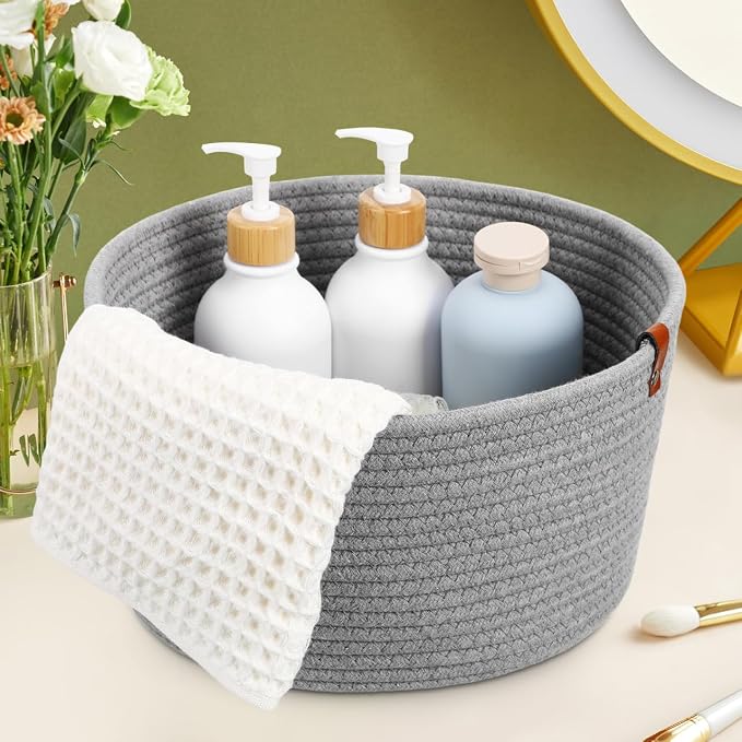 Cabilock Rope Storage Basket Set with Lid Woven Cotton Rope Organizer Baskets for Nursery Home Office and Laundry Includes Large 10.62In and Small Storage Bins for Shelf and Closet Organization - Image 3