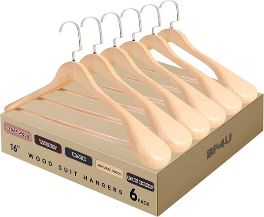 Wooden Suit Hangers with Non Slip Pants Bar, Natural Wood, 6-Pack, 16" | Wood Extra-Wide Shoulder Hangers, Flat-Head Hook Hangers for Suits, Coats, Jackets, Shirts, Pants, and Heavy Clothes by BP4U%E2%84%A2