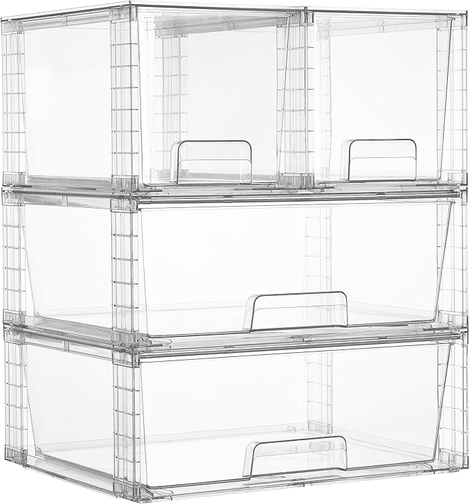 Vtopmart Clear Stackable Storage Drawers, 4 Pack Wide Organizer Set | Wide and Medium Pull-Out PET Drawers with Stackable Design for Balanced Storage, Kitchen Cabinets, Closets and Pantry by Vtopmart