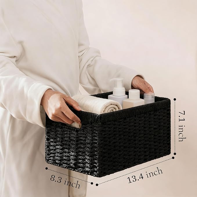 joybest Black Wicker Baskets for Shelves, Hand-woven Storage Baskets | 13.4L x 8.3W x 7.1H inch for Pantry, Kichen Organizing, Foldable Rectangular Bin with Handles, 2-pack - Image 4