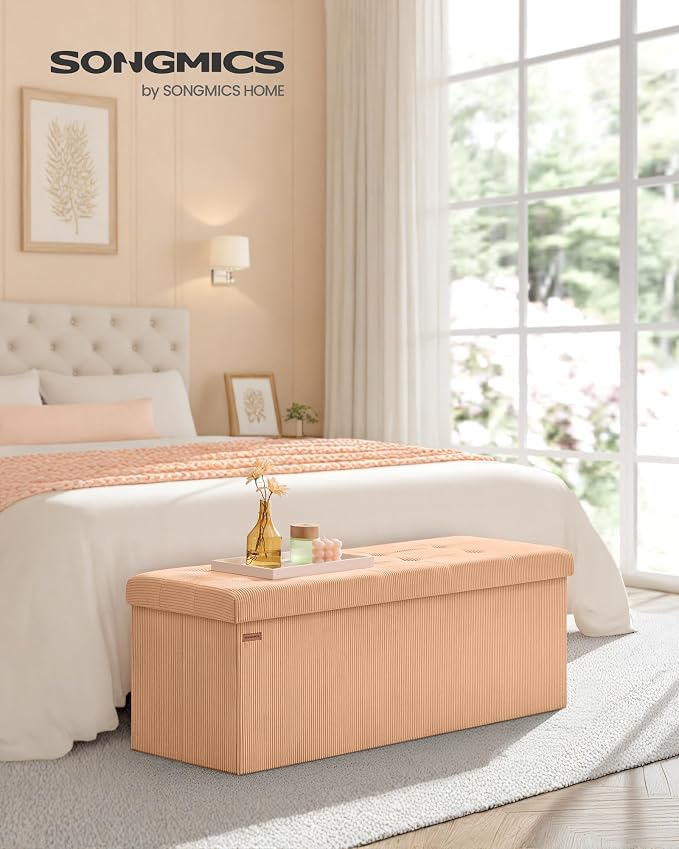 SONGMICS MAZIE Collection - Storage Ottoman Bench, Foldable Foot Rest, 15 x 43 x 15 Inches, End of Bed Bench, Storage Chest, Load 660 lb, Living Room, Bedroom, Entryway, Apricot ULSF604O01 - Image 3