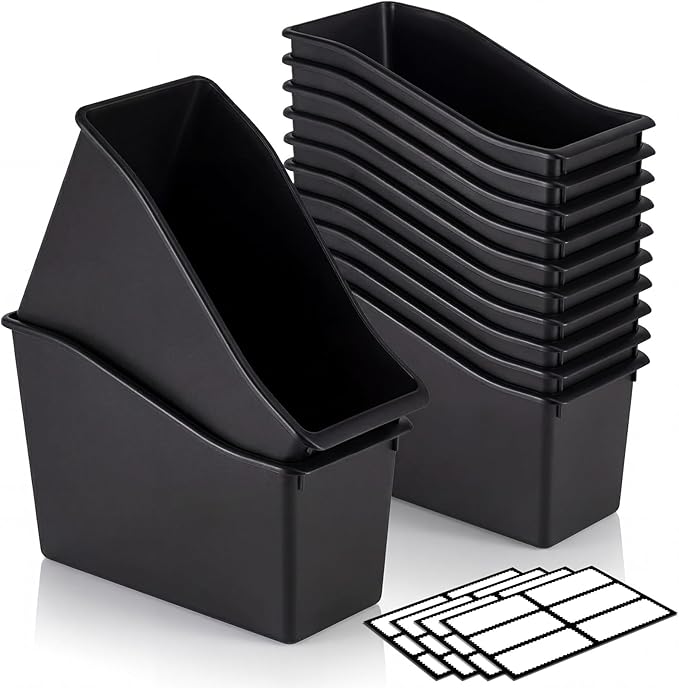 Geetery 6 Pcs Book Bin for Classroom with Labels Stackable Plastic Organizing Bins 11.5 x 5.4 x 7.5 in Book Holders Storage Bins Box Baskets for Classroom Library Home (Black) by Geetery