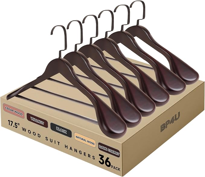 17.5" Wooden Suit Hangers, Non Slip Pants Bar, Dark Cherry, 36-Pack | Wood Extra-Wide Shoulder Hangers with Flat-Head Hook for Suits, Coats, Jackets, Shirts, Pants, Heavy Clothes by BP4U%E2%84%A2