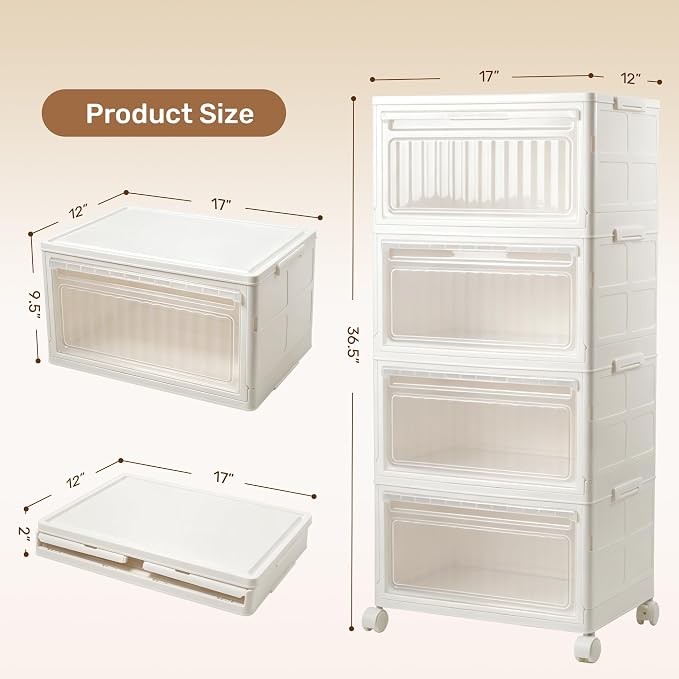4 Tier Stackable Storage Bins with Lid and Wheels, 32QT Closet Organizers | Plastic Storage Containers with Doors, 4-Pack Collapsible Organizer Box for Bedroom Dorm Office and Garage - Image 2
