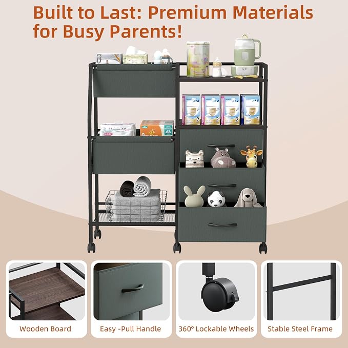 Somdot Baby Diaper Caddy Organizer, 3-Tier Rolling Cart with Drawers | Large-Capacity Metal Nursery Organizer with Removable Dividers, Charcoal Grey - Image 5