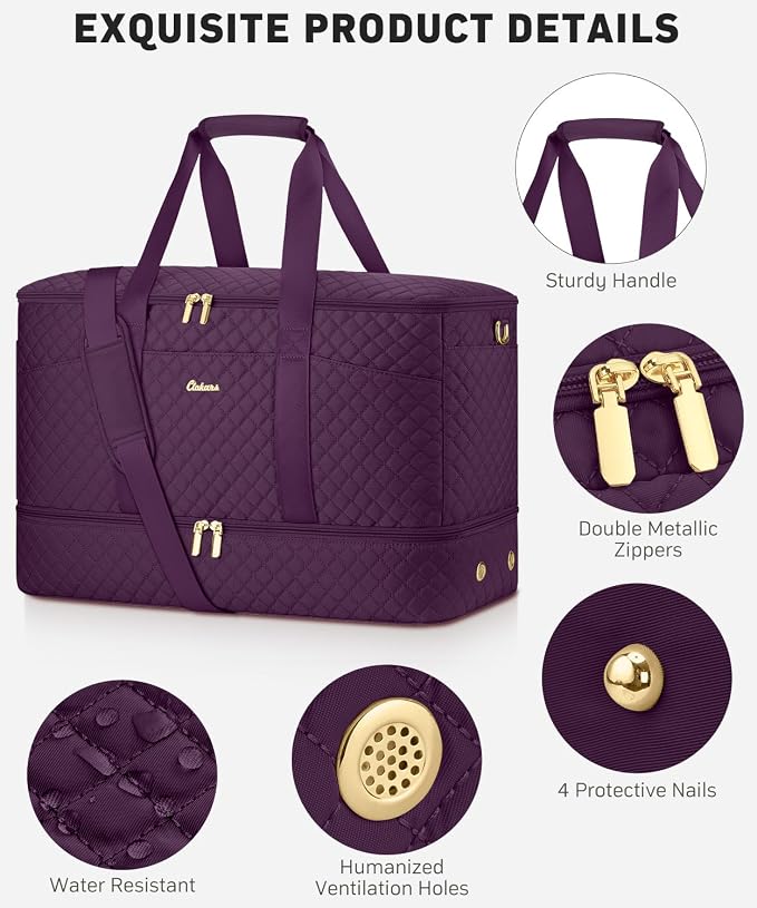 Duffle Bag for Travel, 40L Weekender Bag with Shoe Compartment, Carry On Overnight Bag for Women with Toiletry Bag Duffel Bags with Wet Pocket for Gym Hospital Bags for Labor and Delivery Dark Purple - Image 3