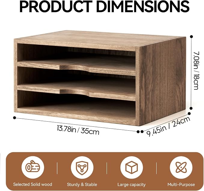 KIRIGEN Wooden Desk Organizer 3-Tier Letter Tray and Paper Sorter, Brown | Solid Wood Paper Tray Document Holder Organizer for Letters, Files, Folders, Mail, Magazines and Office Supplies - Image 3