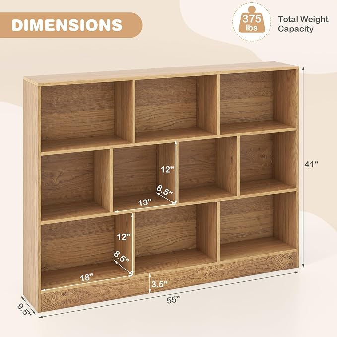 HONEY JOY Kids Toy Storage Organizer, 10-Section Wooden Floor Storage Cabinet, 41” Daycare Toy Chest, 3-Tier Kids Display Bookshelf for Classroom, Playroom & Nursery, Kindergarten (Natural) - Image 3