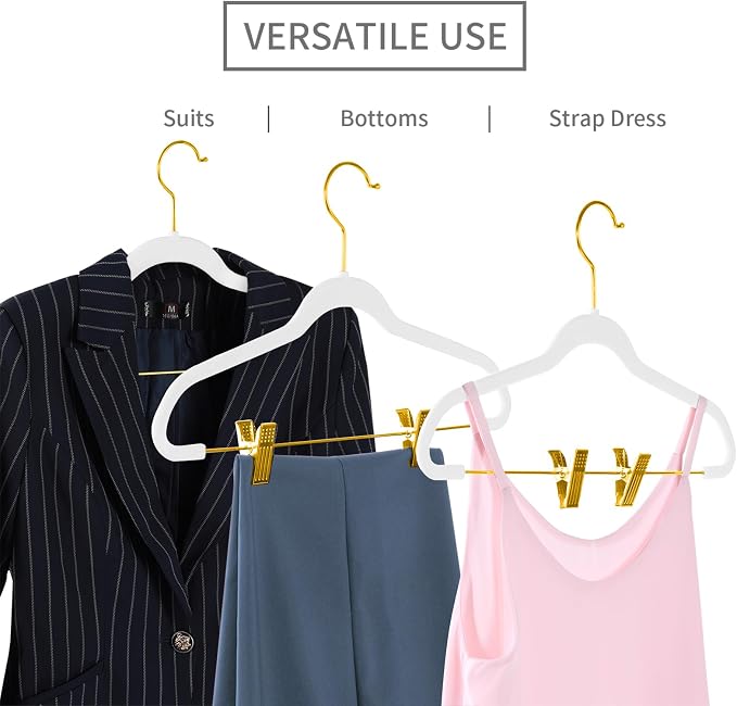 MIZGI Premium Velvet Pants Hangers with Adjustable Clips (Pack of 30) Slim Skirt Hangers- Non Slip Felt Outfit Dress Hangers White - Gold Hooks,Space Saving Shirt Clothes Hangers - Image 4
