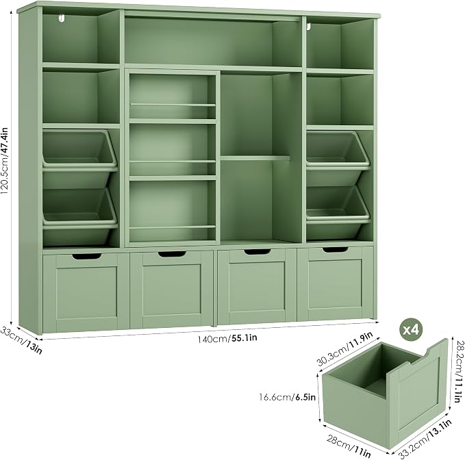 Toy Storage with Sliding Bookshelf, Toy Organizer with 4 Bins | 55.1’’ W Large Toy Storage Organizer Kids Bookshelf with 4 Movable Drawers, Toy Bins Playroom Storage for Kid Room, Green - Image 3