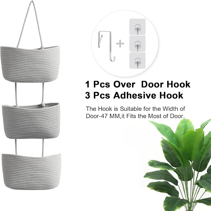 TeoKJ Over the Door Hanging Basket, 3-Tier Woven Cotton Wall-Mounted Storage Organizer Bag Decorative Hanging Nursery Baskets, Gray - Image 6