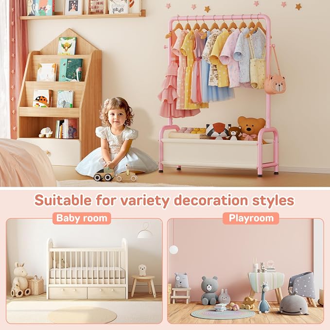 Kids Clothing Rack with Storage Shelf, Kids Dress Up Storage | for Coats, Small Baby Garment Rack for Hanging Clothes, Toddler Wardrobe Closet Organizer - Image 6