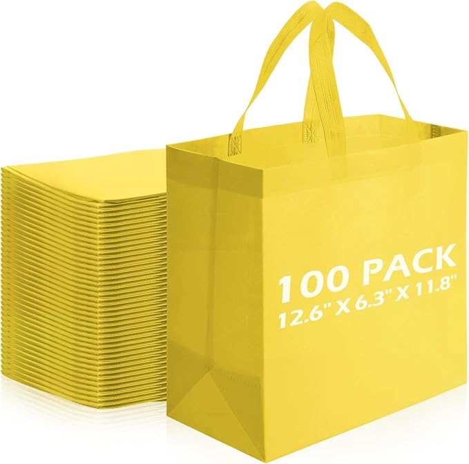 Reginary 100 PCS Non Woven Tote Bags Bulk,Yellow | Reusable Shopping Bags with Handles, Stores, Groceries Markets, Events Gift, Party Supplies by Reginary