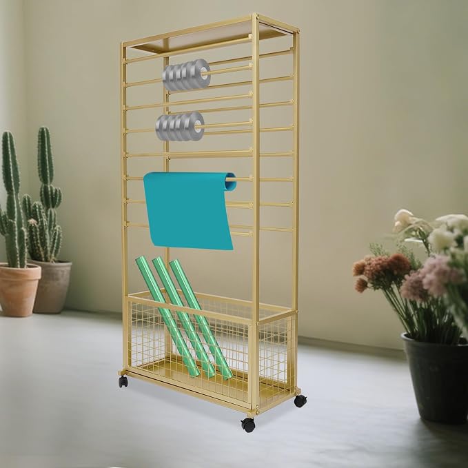 Ribbon Holder Organizer Rack, Double-Sided 16-Layer Ribbon Shelf with Wheel | Ribbon Display Rack, Multifunctional Metal Flower Wrapping Paper Storage Stand for Craft Room Flower Shop, Widen, Gold - Image 3
