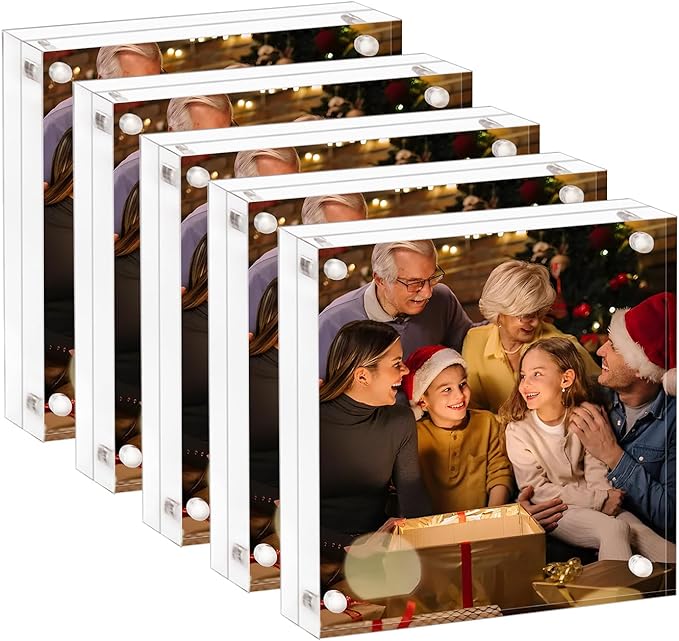 AMEITECH Acrylic Picture Frame 5x5-5 Pack, Clear Double Sided Frameless Photo Frame with Magnetic, Free Standing Desktop Acrylic Frame Display, Lucite Frame with Gift Box Package | Double Sided Floating Magnetic Frames, 20mm Thick, Free Standing Deskto... by AMEITECH