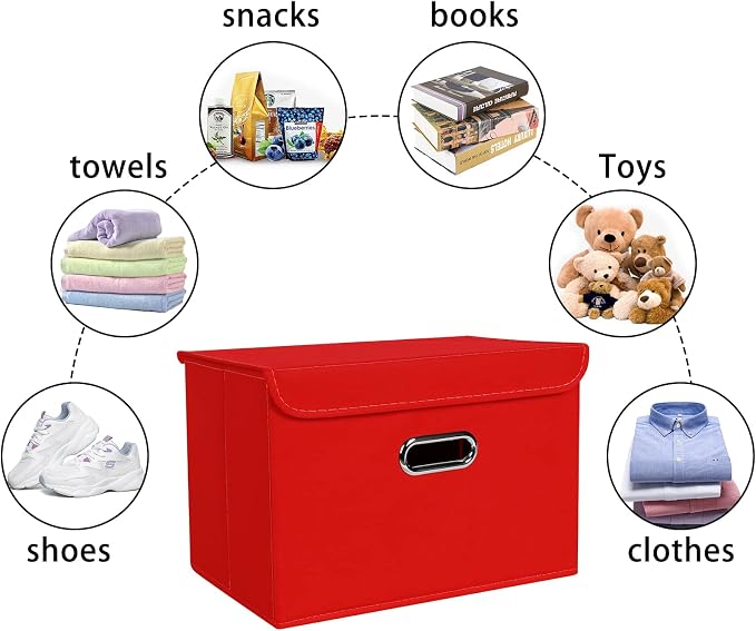 Linen Fabric Foldable Collapsible Storage Cube Bin Organizer Basket Fabric Storage Bins with Lid, Leather Handles, Removable Divider for Home, Closet, Red 3Pcs - Image 3