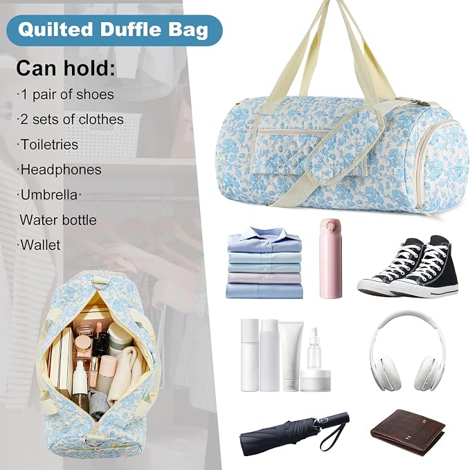Floral Quilted Duffle Bag, Weekender Travel Bag for Women | Floral Quilted Duffle Bag for Women, Spacious Weekender Travel Bag with Separate Shoe Compartment and Multi Pockets - Image 3