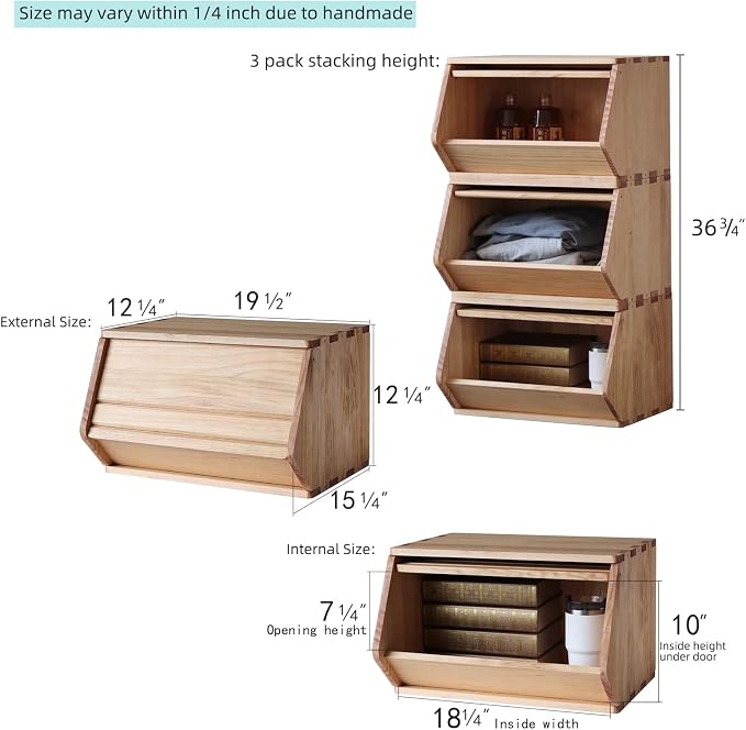 Stackable Solid Wood Storage Chests,Hall Entryway Cabinet,Modular Wooden Multi-use Box,Bins with Lids,Closet Storage Organizers,Drawers,Potato,Onion,Bread,Classify by Items,19.5”W(3 Pack) - Image 2
