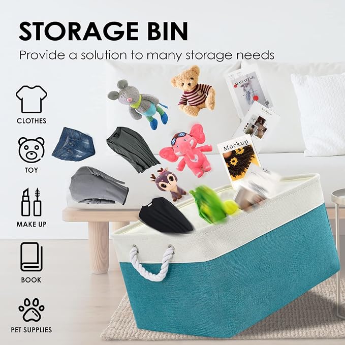 Storage Bins - Large 3 Pack 15.7x11.8x8.3 in Fabric Storage Baskets for Organizing Shelves | Large Basket Closet Organizer for Home Decor Shelf Baby Toy Laundry (White & Green) - Image 3