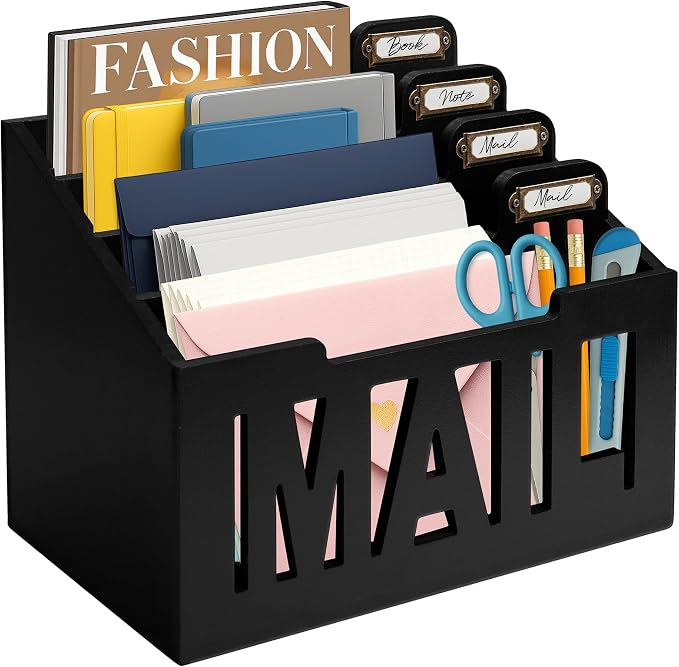 Mail Organizer Countertop, Desktop Mail Sorter with 4 Slots & Labels, Black | Bills, Letters, Envelopes & Receipts by ADDFITHOUSE