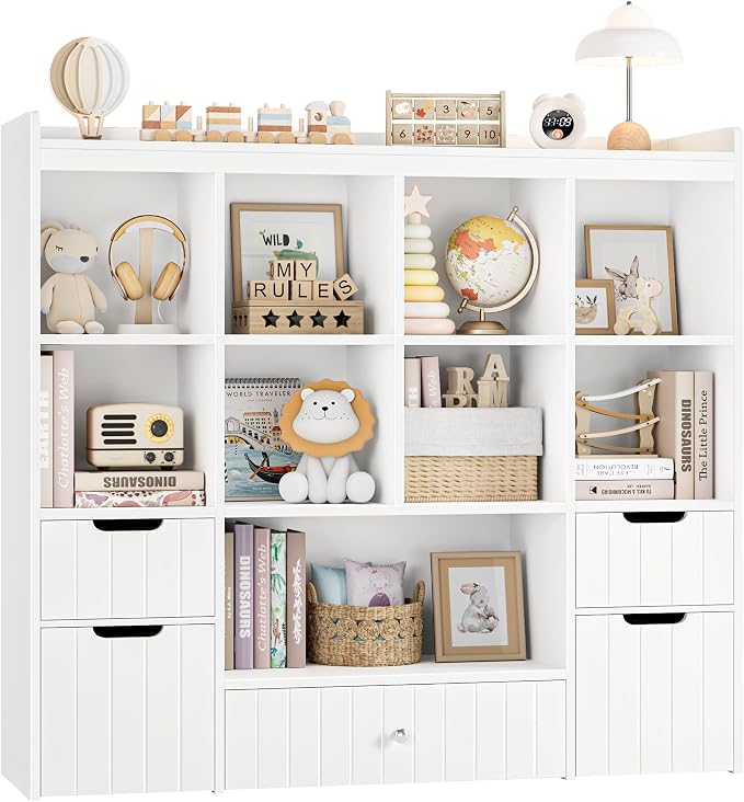 HORSTORS 48" W Kids Toy Storage Organizer, Kids Bookshelf w/Storage, White | 2 Mobile Toy Boxes & 3 Drawers, Toy Storage Chest with Open Cubbies for Boys and Girls, Kids Bookcase for Playroom, Classroom by HORSTORS