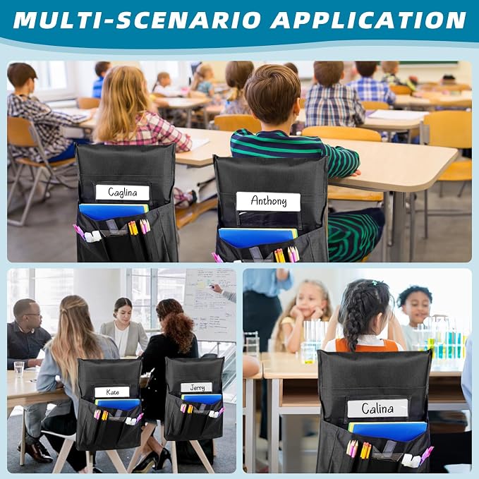 12 Pcs Classroom Chair Pockets, 14.5‘’ W x 18.5‘’ H Black Chair Pockets For Classroom, Seat Sacks for Classroom Chairs, Buddy Pocket, Chart Seat Back Organizer with Name Tag - Image 6