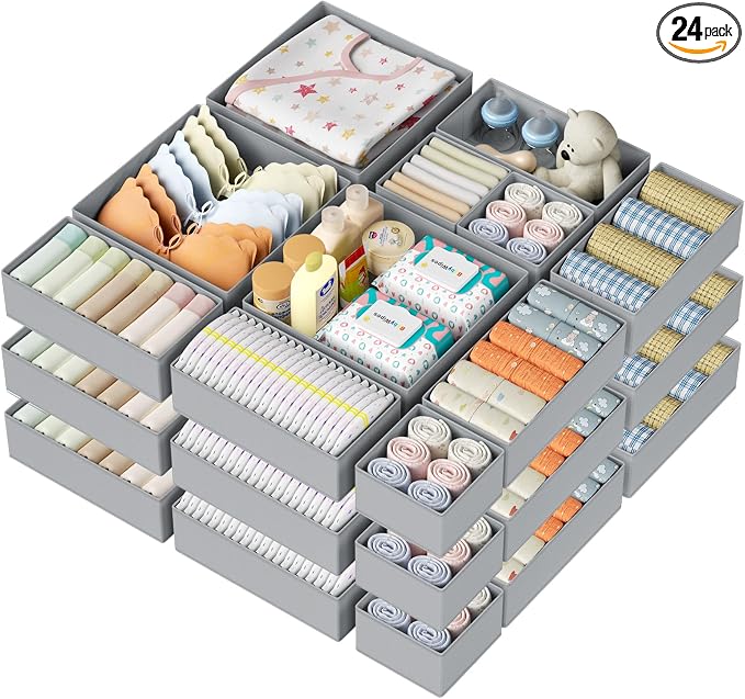 DIMJ Drawer Organizer Clothes Storage - 24 Pack Baby Dresser Organizer for Nursery, Foldable Closet Drawer Organizer Bins for Bedroom Organization, Fabric Storage Dividers for Socks, Underwears, Bras by DiMJ