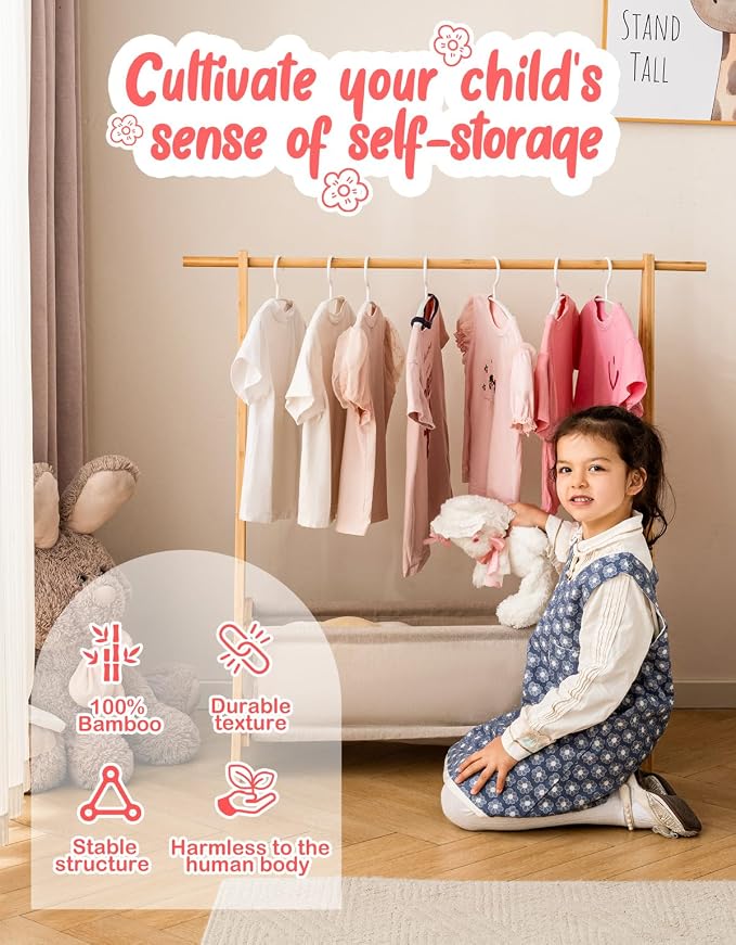 Kids Clothing Rack with Storage Box, Kids Dress Up Rack, Dance Costume Garment Rack for Hanging Clothes,Garment Rack for Hanging Clothes Organizer, Bamboo (Natural) - Image 2