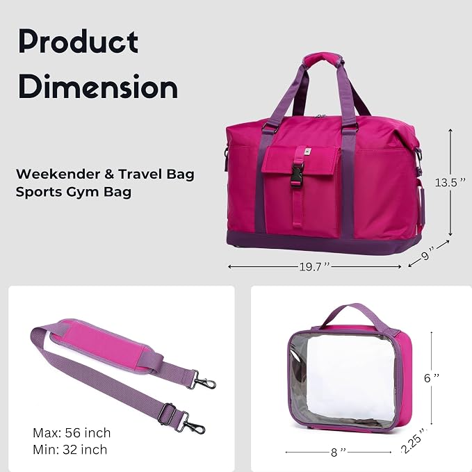 Duffel with Utility Pouch, 40L Weekender Overnight Bag with Shoe Compartment for Travel and Sports (Purple) - Image 7