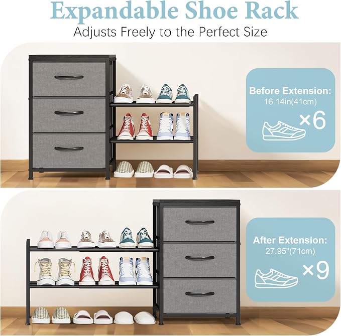 Cidaziya Expandable Closet Organizers and Storage, Black Fabric Storage Dresser, 3 Drawer Dresser, Clothes Shelves for Kids, Purse Organizer Small Shoe Rack for Closet Bedroom(31.29~43.42 in) - Image 8