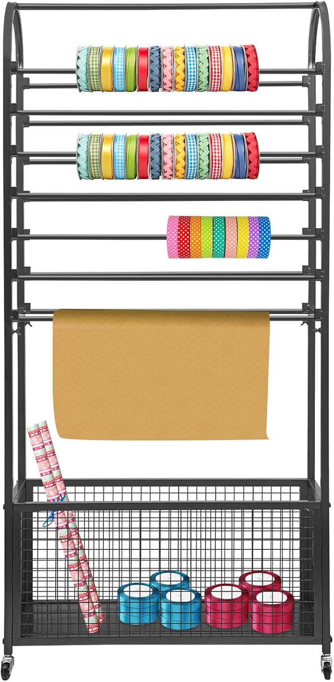 Double-Sided Ribbon Holder, 16-Layer Iron Ribbon Organizer Rack Wrapping Paper Storage Rack Bottom Basket for Flower Shop, Craft Room, H: 65Inch by ZHFEISY