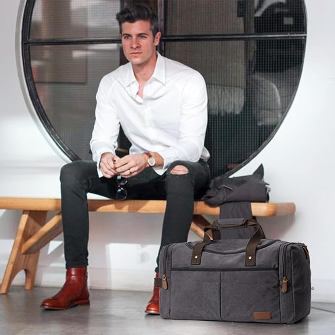 S-ZONE Canvas Duffel Bag for Travel 65L Weekender Overnight Travel Bags with Shoes Compartment for Men | Water-resistant, X-Large Size, Multi-Pockets, Removable Shoulder Strap, for Gym or Travel, Grey - Image 2