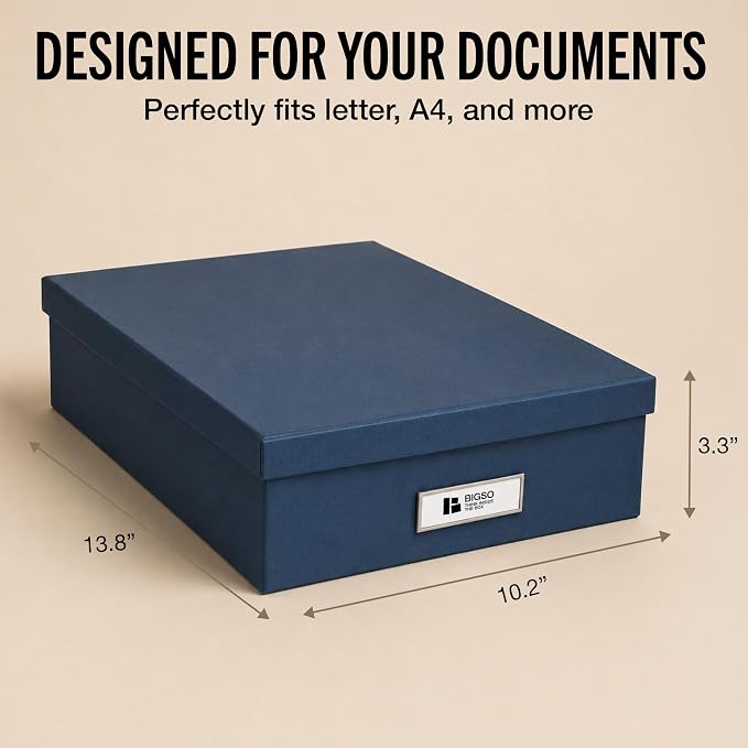 Bigso Box of Sweden Oskar Fiberboard Label Frame Document Letter Box | File Organizer for Important Paperwork | Document Storage with a Lid & Label Window | 3.3"x10.2"x13.8" | 3 Pack | Dark Blue - Image 4
